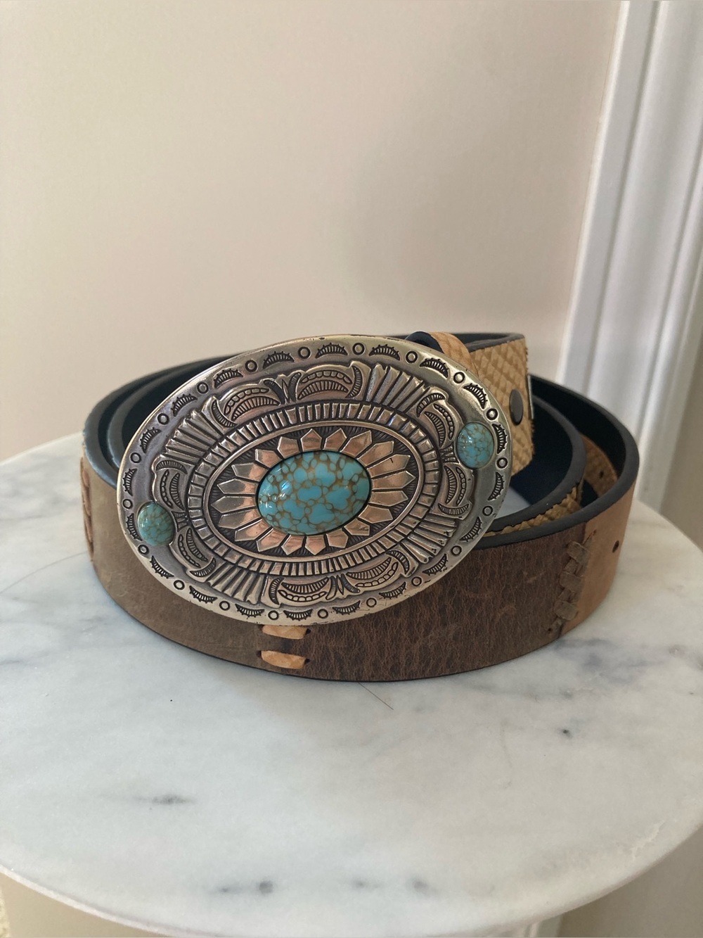 Ariat Men’s Belt, Patchwork Leather, Turquoise and Silver Buckle, Size 38